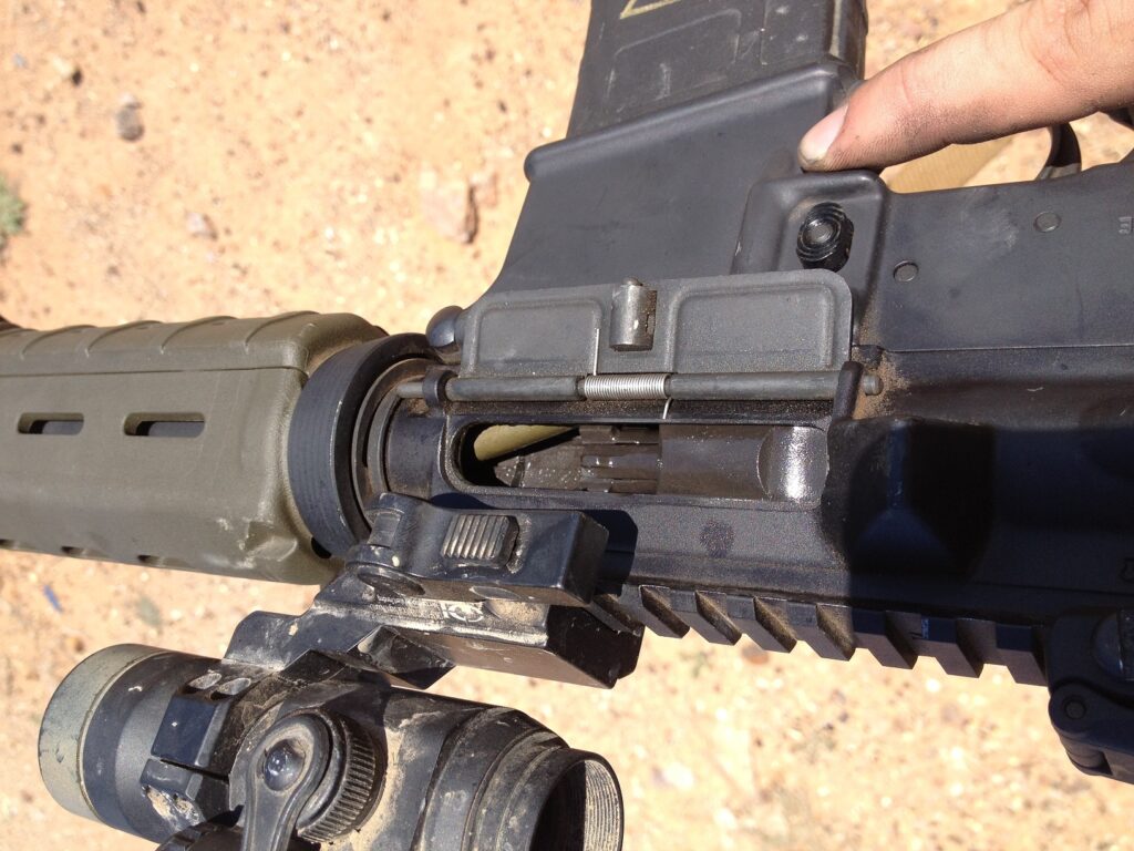 Several malfunctions were encountered with the Brown Bear carbine shortly after the 5,000 round mark. An AR-15 being used to fire Brown Bear ammunition.