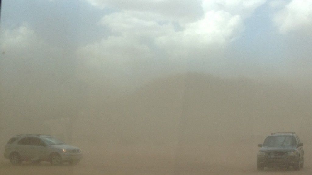 Large dust storms were a regular occurrence during testing. This was the end of the second day of shooting. A large dust storm in the Arizona desert that rolled in during the test.