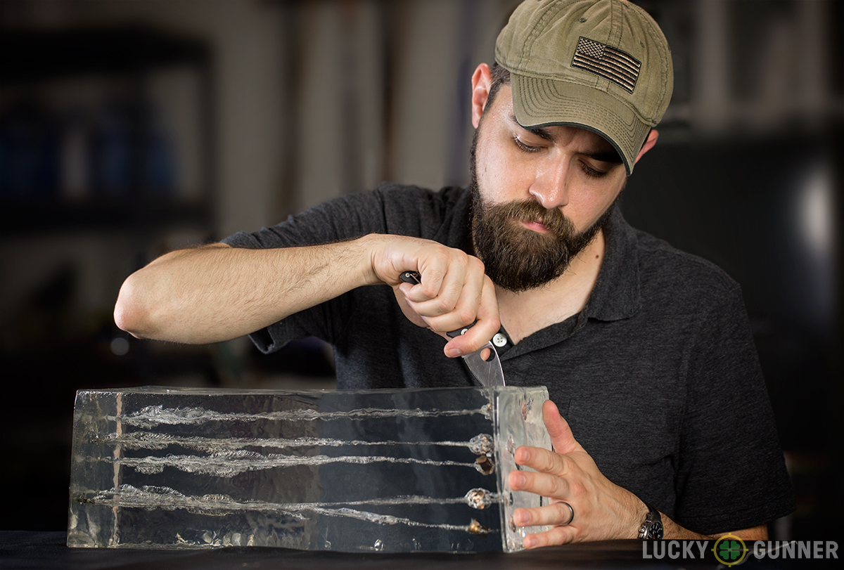 Ballistic Gel being cut open with JHP rounds inside bullet-recovery
