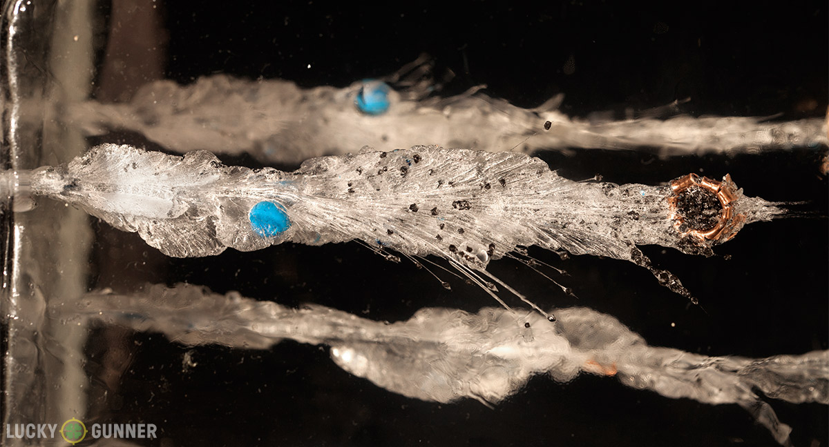 A close-up shot of the fired ammo's expansion Using Clear Ballistics gel blocks allows us to observe the penetration depth and wound channel without cutting into the block.